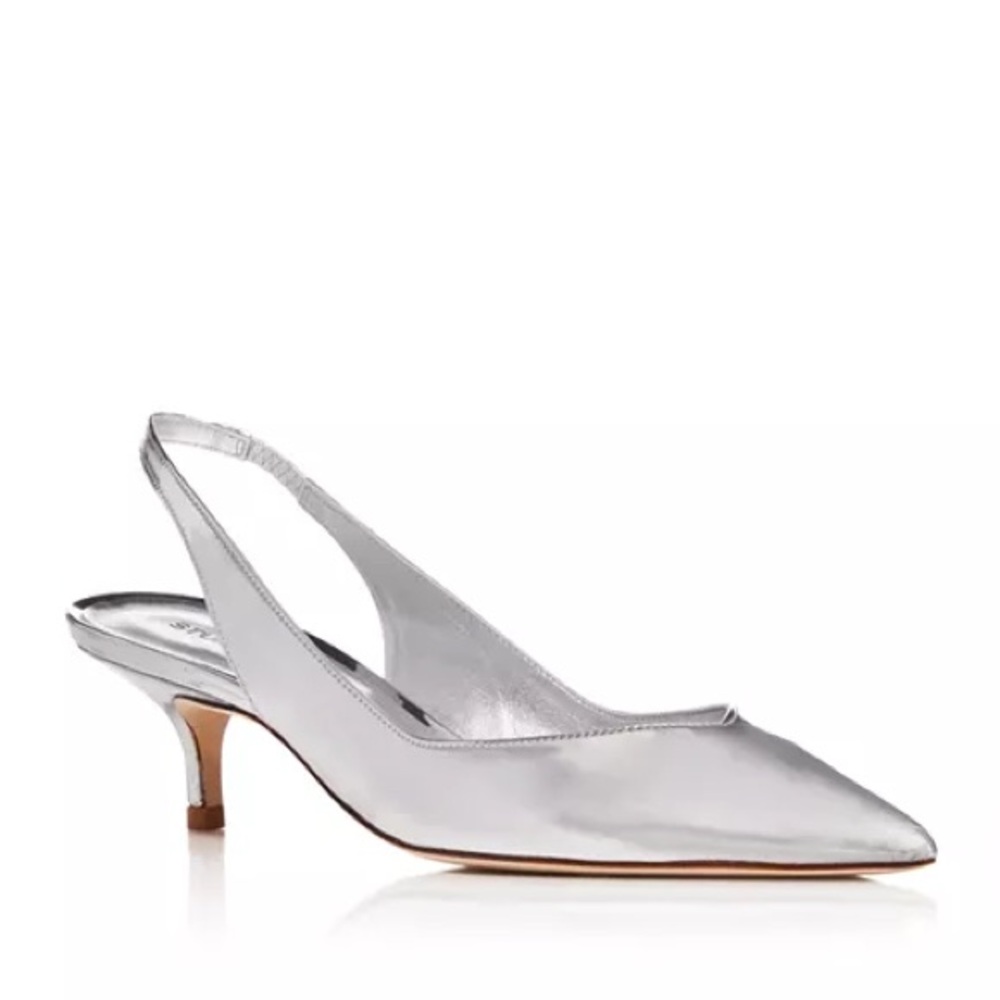 Stuart Weitzman Eva 50 Slingback Silver Pointed Toe Kitten Heel Sz 11 BNWB